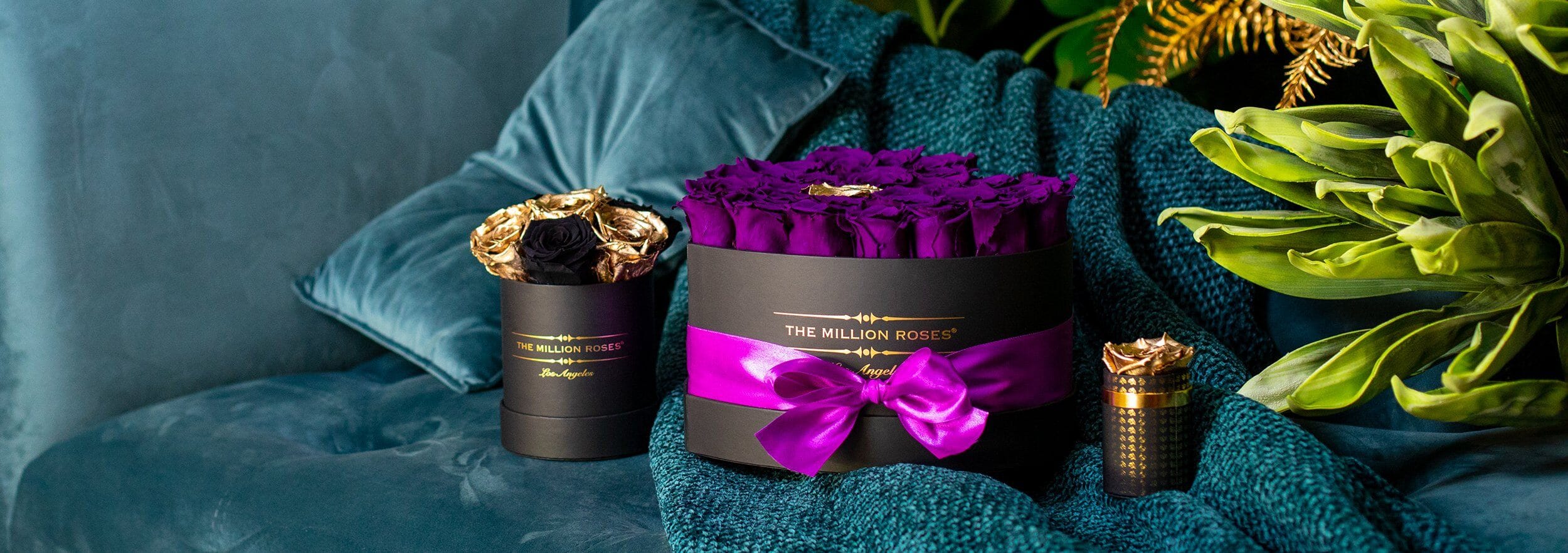 October Flowers - Black Single Rose Box & Purple Rounded Roses Box - The Million Roses® 