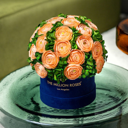Classic Royal Blue Suede Box | Peach Persian Buttercups & Green Hydrangeas