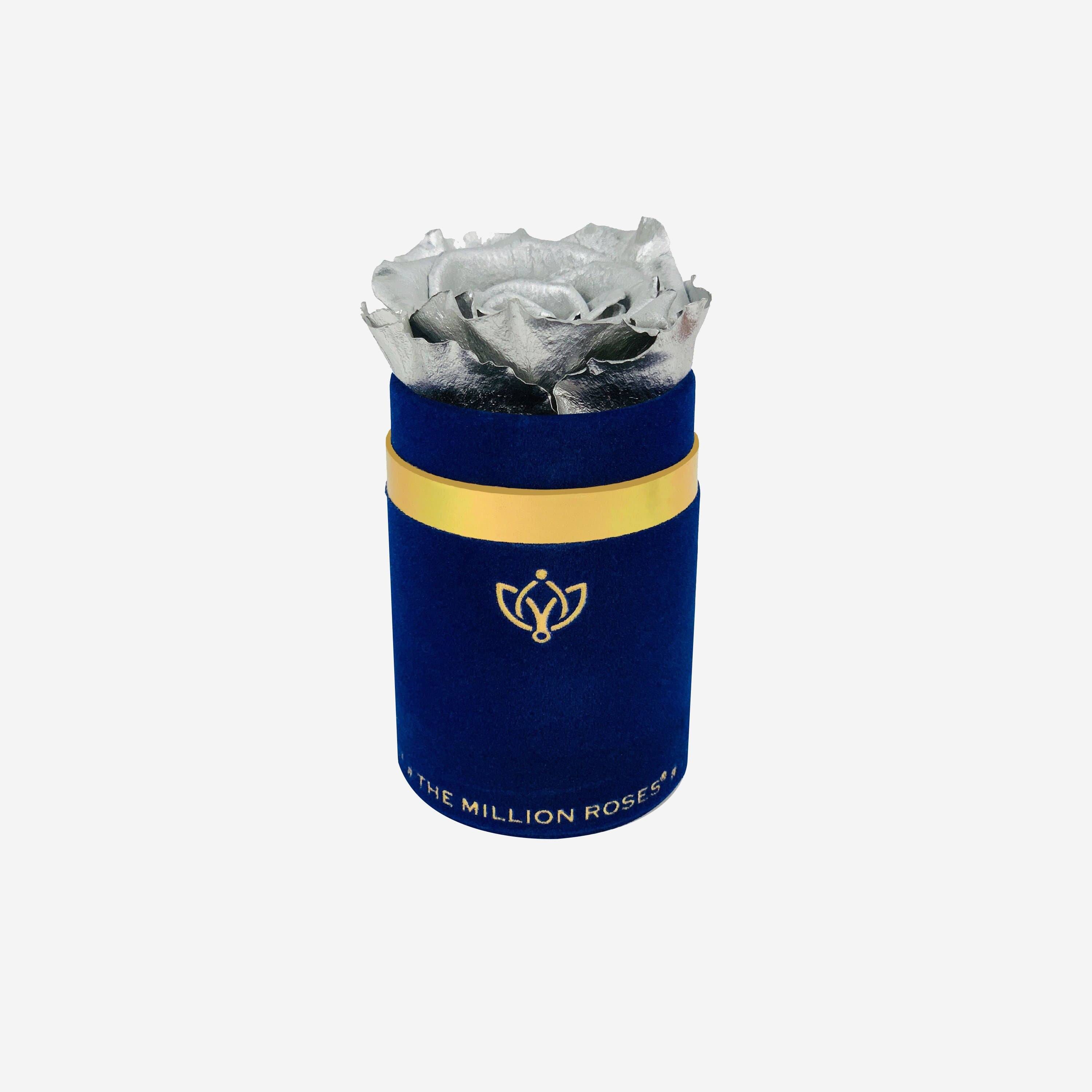 Single Royal Blue Suede Box | Silver Rose - The Million Roses