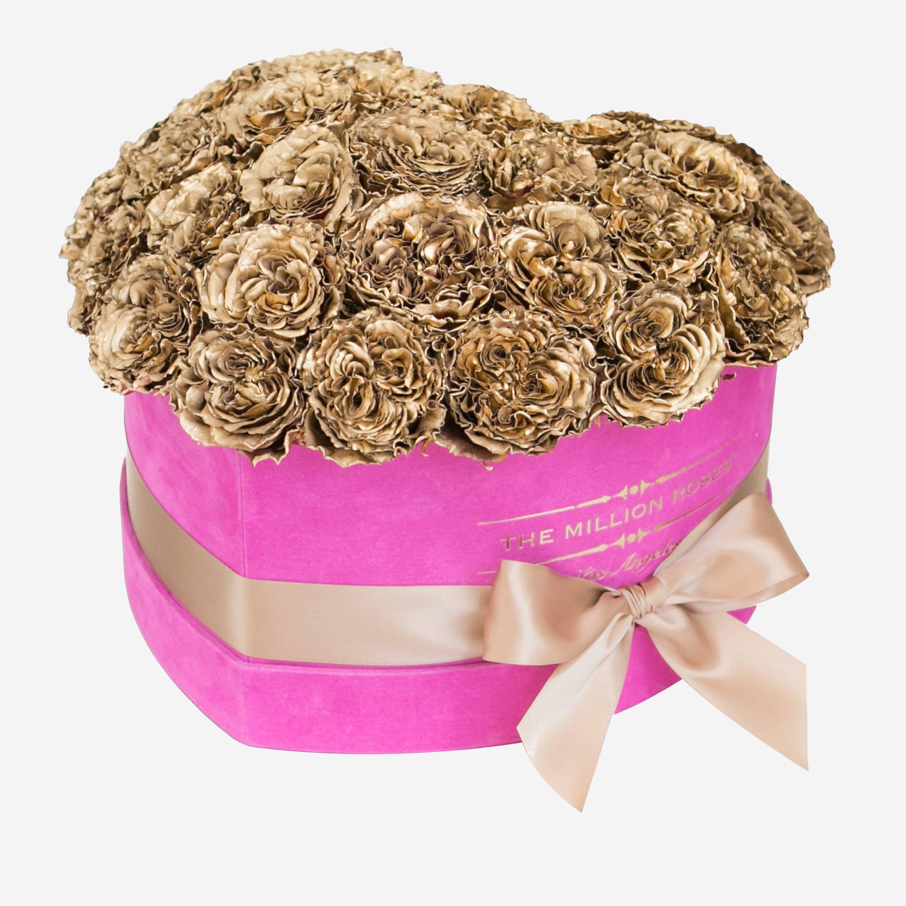 Heart Hot Pink Suede Dome Box | Gold Celestial Roses - The Million Roses