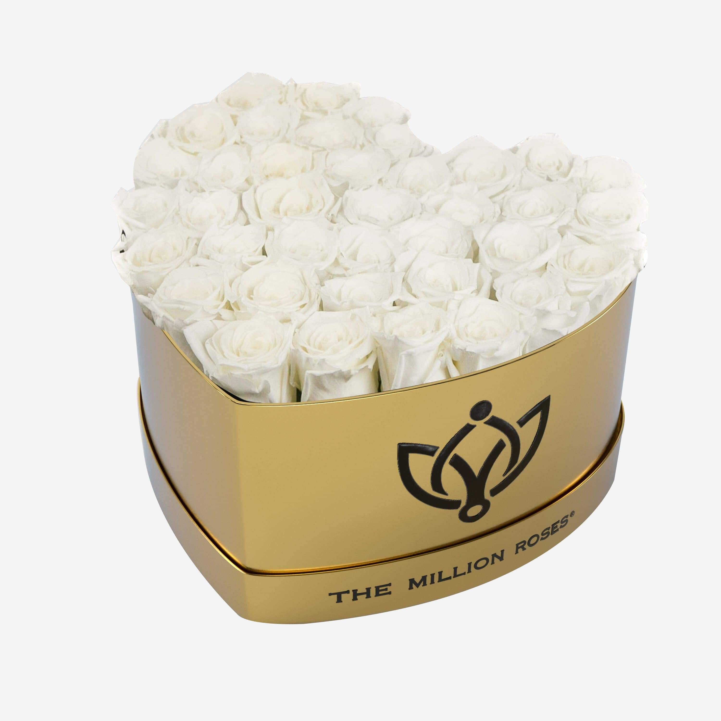 Heart Mirror Gold Box | White Roses - The Million Roses