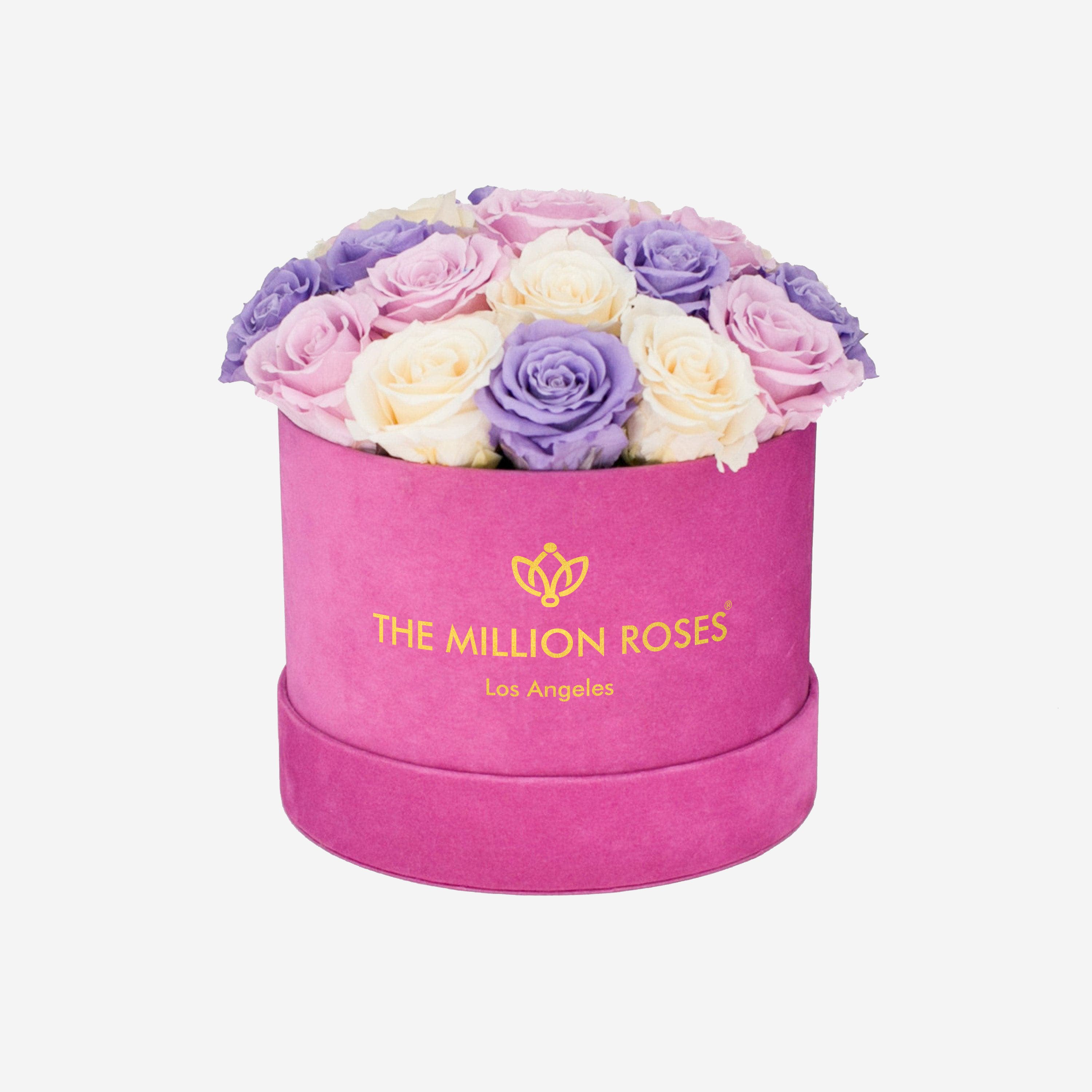 Classic Hot Pink Suede Dome Box | Lavender & Ivory & Pink Roses - The Million Roses