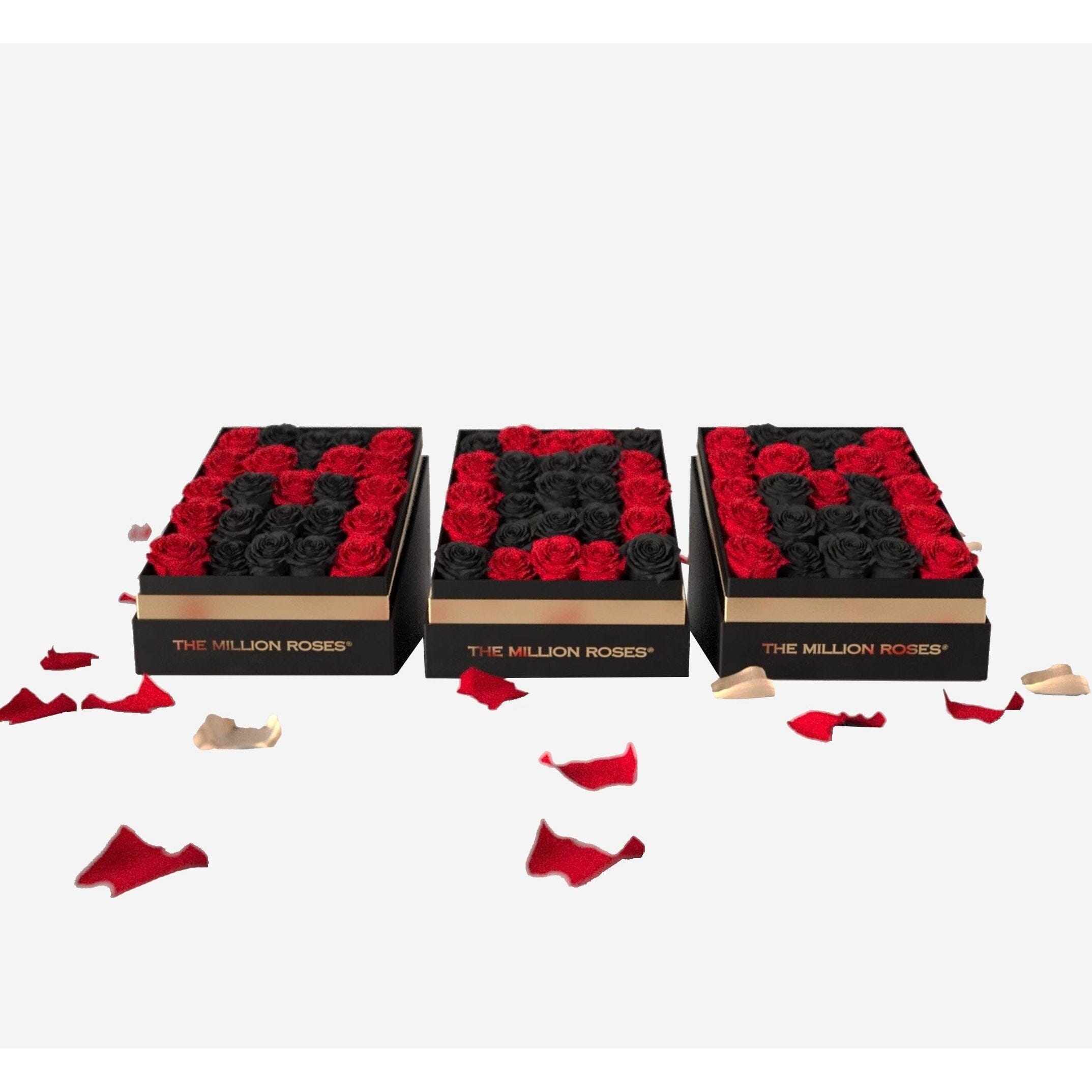 Set of 3 Square Black Boxes | Black & Red Roses | MOM - The Million Roses