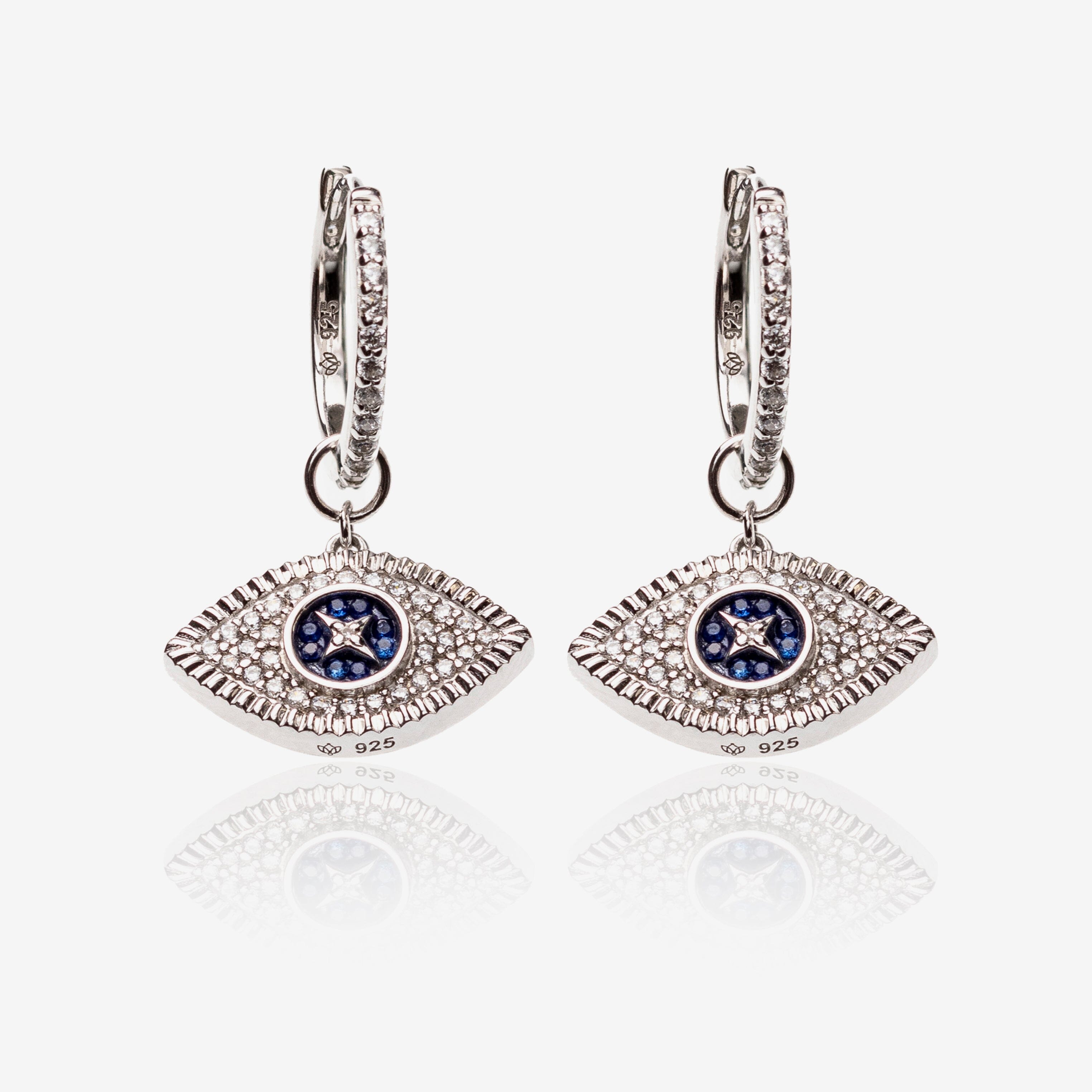 Evil Eye Silver Charm Hoop Earrings with Diamonds