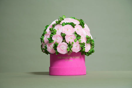Classic Light Blue Suede Box | Light Pink Persian Buttercups & Green Hydrangeas - The Million Roses