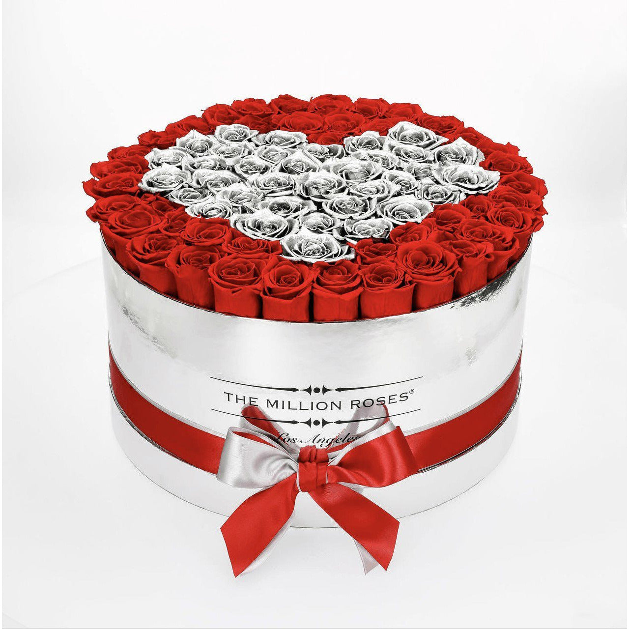 Deluxe Mirror Silver Box | Red & Silver Roses | Heart - The Million Roses