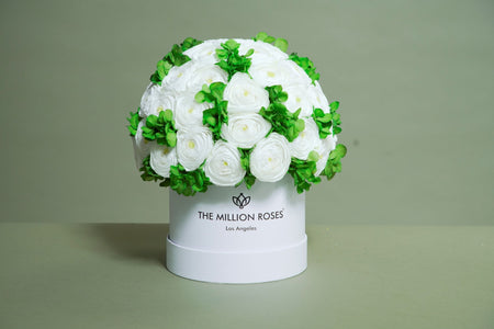 Classic Light Pink Suede Box | White Persian Buttercups & Green Hydrangeas - The Million Roses