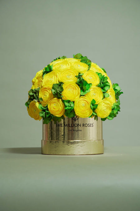 Classic Dark Green Suede Box | Yellow Persian Buttercups & Green Hydrangeas - The Million Roses