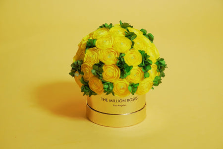 Classic Hot Pink Suede Box | Yellow Persian Buttercups & Green Hydrangeas - The Million Roses