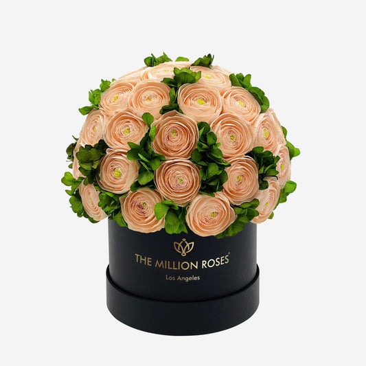 Classic Black Box | Peach Persian Buttercups & Green Hydrangeas - The Million Roses