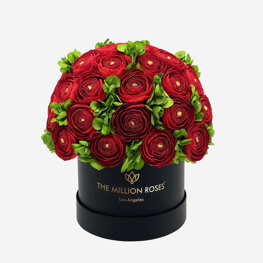 Classic Black Box | Red Persian Buttercups & Green Hydrangeas - The Million Roses