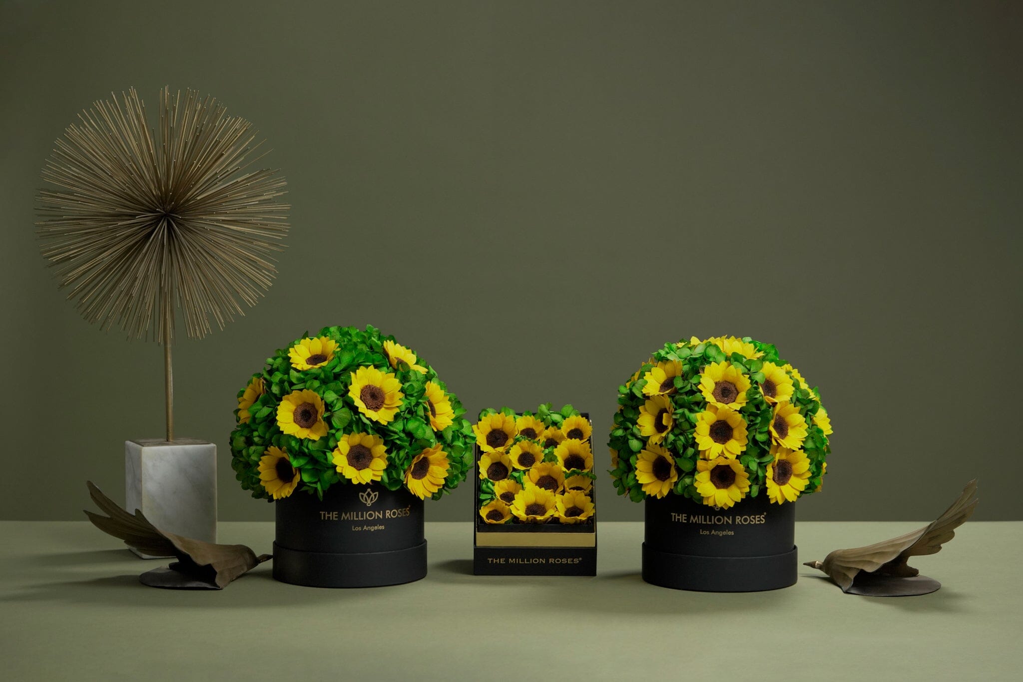 Classic Dark Green Suede Box | Sunflowers & Green Hydrangeas - The Million Roses