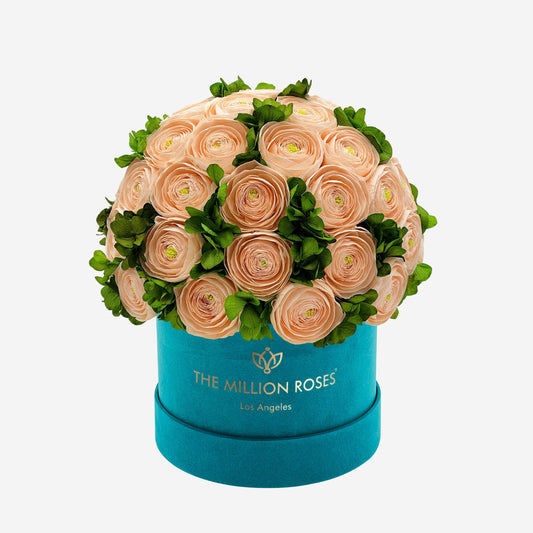 Classic Dark Green Suede Box | Peach Persian Buttercups & Green Hydrangeas - The Million Roses