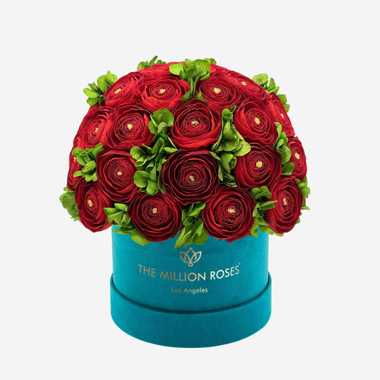 Classic Dark Green Suede Box | Red Persian Buttercups & Green Hydrangeas - The Million Roses