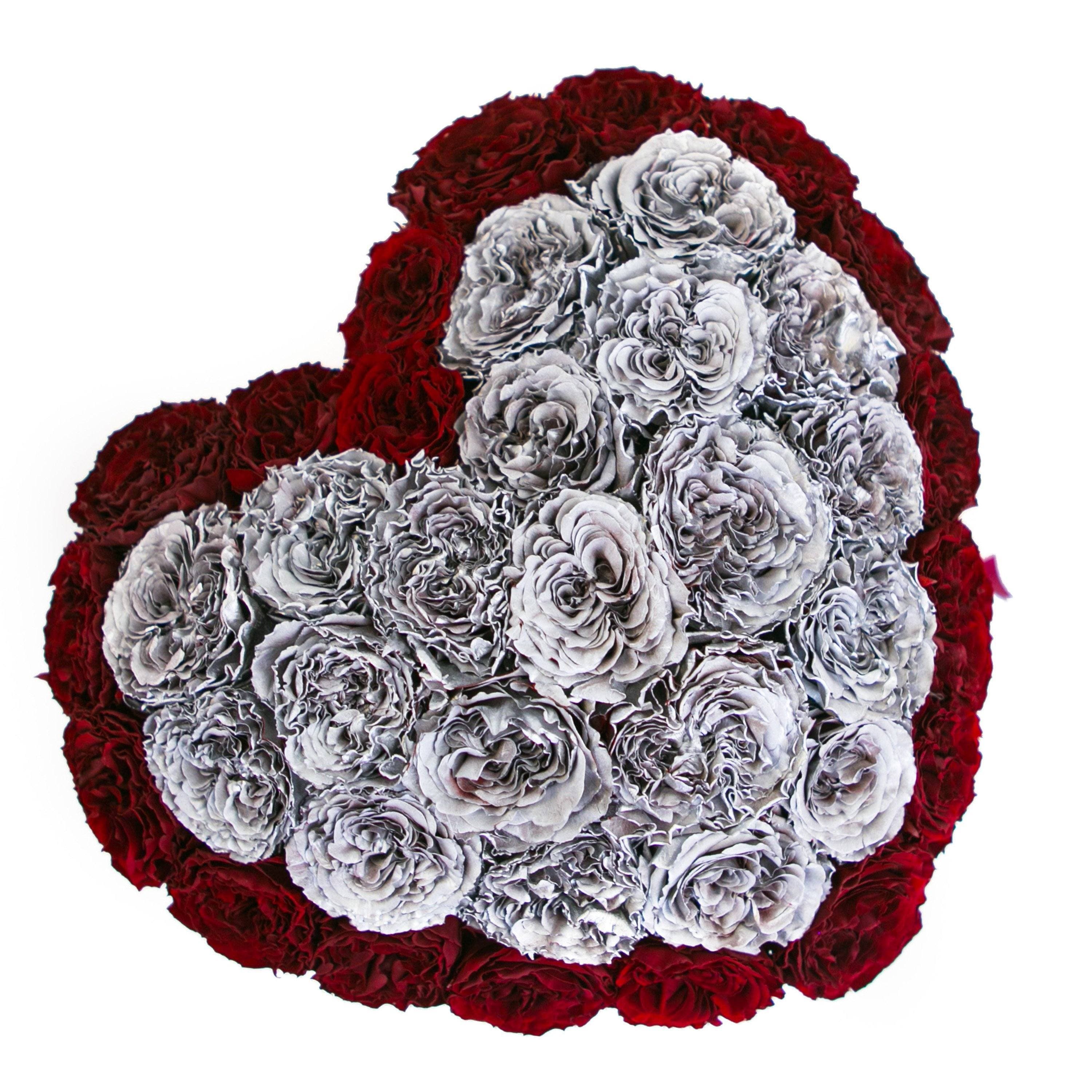 Heart Mirror Silver Dome Box | Red & Silver Celestial Roses - The Million Roses