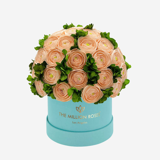 Classic Mint Green Suede Box | Peach Persian Buttercups & Green Hydrangeas - The Million Roses
