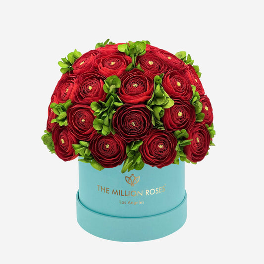 Classic Mint Green Suede Box | Red Persian Buttercups & Green Hydrangeas - The Million Roses