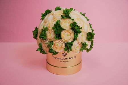 Classic Dark Green Suede Box | Peach Persian Buttercups & Green Hydrangeas - The Million Roses