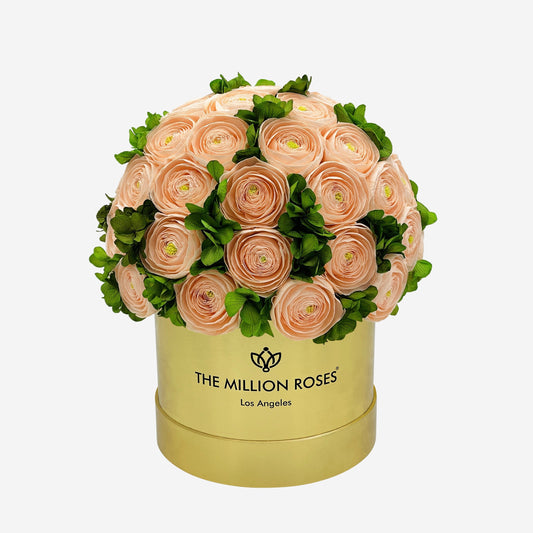 Classic Mirror Gold Box | Peach Persian Buttercups & Green Hydrangeas - The Million Roses