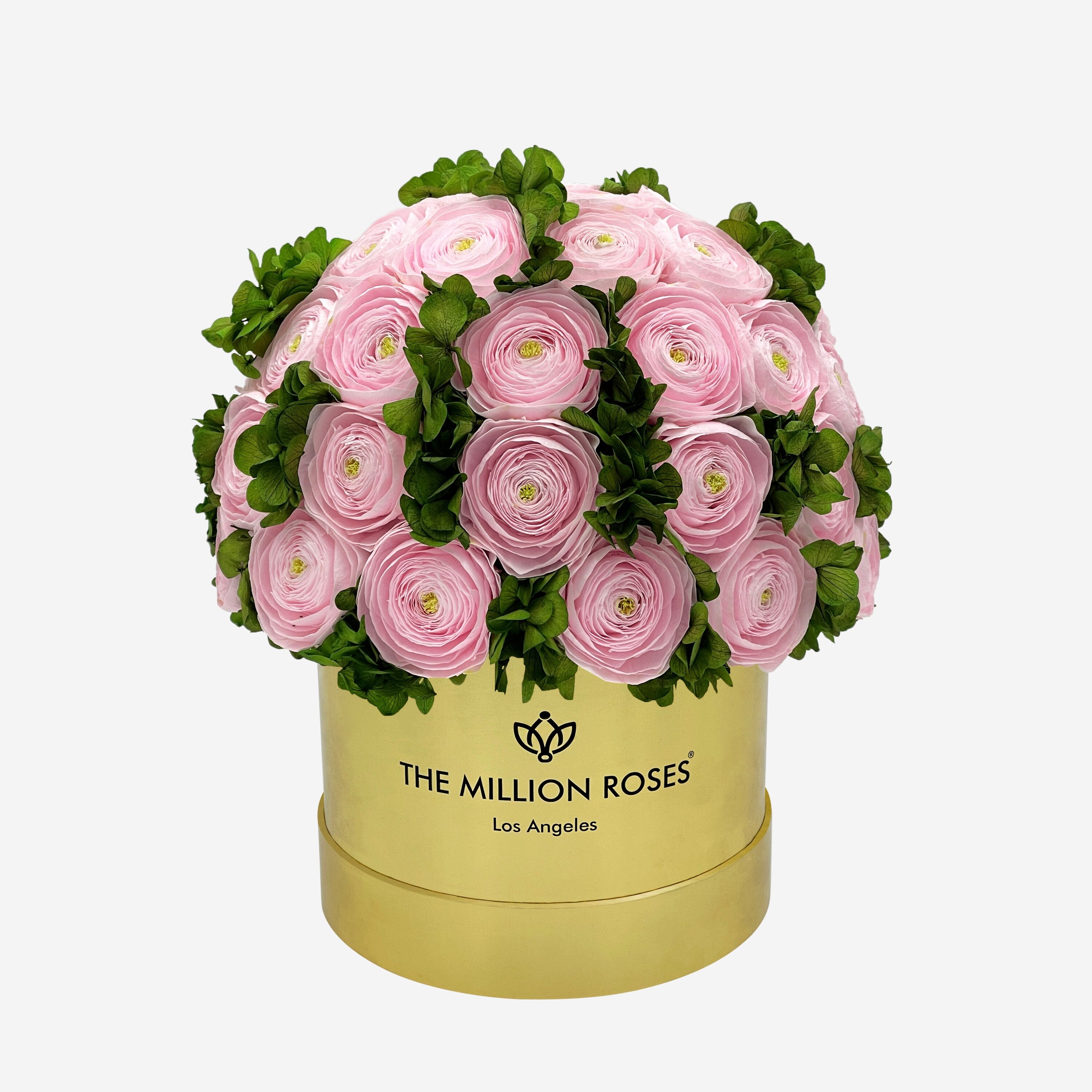 Classic Mirror Gold Box | Light Pink Persian Buttercups & Green Hydrangeas - The Million Roses