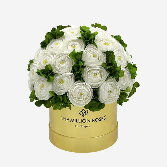 Classic Mirror Gold Box | White Persian Buttercups & Green Hydrangeas - The Million Roses
