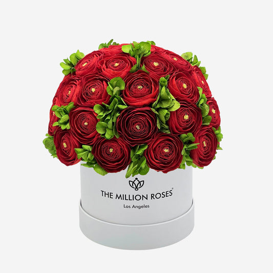 Classic White Box | Red Persian Buttercups & Green Hydrangeas - The Million Roses